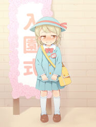 Rule 34 | 1girl, @ @, aged down, bag, blue hat, blue jacket, blue skirt, blush, bow, brick wall, brown eyes, brown footwear, brown hair, collared shirt, crying, crying with eyes open, entrance ceremony, full body, hat, idolmaster, idolmaster cinderella girls, jacket, kindergarten bag, kindergarten uniform, kneehighs, loafers, morikubo nono, name tag, nose blush, parted lips, pleated skirt, red bow, revision, school hat, shirt, shoes, shoulder bag, skirt, socks, solo, standing, tears, translated, uccow, white shirt, white socks