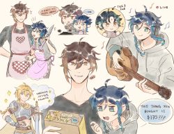 Rule 34 | 4boys, abbabananaaa, aether (genshin impact), ahoge, apron, arm guards, armor, bad id, bad twitter id, black hair, blonde hair, blue hair, blush, box, braid, breastplate, brown hair, burnt food, chibi, closed mouth, cloud, collarbone, english text, facial mark, figure, fingerless gloves, forehead mark, genshin impact, gloves, gradient hair, green eyes, green hair, guitar, hair between eyes, headphones, heart, highres, holding, holding box, holding instrument, holding knife, holding phone, holding sword, holding weapon, hood, hood down, hoodie, instrument, jewelry, kitchen knife, knife, long hair, long sleeves, looking at viewer, male focus, midriff, multicolored hair, multiple boys, music, musical note, open mouth, parted bangs, phone, playing instrument, ponytail, short hair, simple background, sleeves rolled up, smile, sparkle, speech bubble, sweat, sword, twin braids, two-tone hair, venti (genshin impact), weapon, white background, xiao (genshin impact), yellow eyes, zhongli (genshin impact)