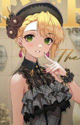 Rule 34 | 1girl, black headwear, blonde hair, braid, cleavage, commentary request, dress, fingernails, green eyes, grey dress, highres, idolmaster, idolmaster cinderella girls, idolmaster cinderella girls starlight stage, kirarin369, looking at viewer, miyamoto frederica, nail polish, parted bangs, parted lips, pink nails, plaid, plaid dress, polka dot, polka dot scrunchie, scrunchie, see-through, see-through cleavage, short hair, sleeveless, sleeveless dress, smile, solo, wrist scrunchie