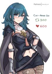 Rule 34 | 1girl, black shirt, black shorts, blue eyes, blue hair, blush, breasts, byleth (female) (fire emblem), byleth (fire emblem), chascoby, clothing cutout, commentary, cowboy shot, fire emblem, fire emblem: three houses, hair between eyes, highres, long hair, medium breasts, navel, navel cutout, nintendo, shirt, short shorts, shorts, simple background, solo, standing, white background
