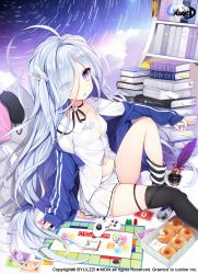 Rule 34 | 1girl, :o, ahoge, asymmetrical legwear, black ribbon, black socks, blue eyes, blue hair, board game, book, book stack, byulzzi, controller, copyright name, doughnut, eyes visible through hair, food, game controller, hair over one eye, heterochromia, ink bottle, jacket, kneehighs, long hair, miniskirt, mismatched legwear, monopoly, navel, neck ribbon, official art, open clothes, open jacket, open mouth, pleated skirt, purple eyes, quill, red bull, ribbon, single kneehigh, single sock, single thighhigh, sitting, skirt, socks, striped clothes, striped socks, thighhighs, thighs, unleashed, very long hair, watermark, white skirt, white socks