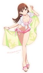 Rule 34 | 10s, 1girl, alternate costume, bikini, bikini skirt, breasts, brown eyes, brown hair, cleavage, collarbone, crop top, floral print, frilled bikini, frills, front-tie top, full body, holding, holding towel, kantai collection, leaning forward, crossed legs, looking at viewer, medium breasts, navel, ooi (kancolle), open mouth, pink skirt, sandals, shirt, simple background, skirt, solo, stomach, swimsuit, thigh gap, tied shirt, towel, ume (plumblossom), white background