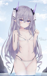 Rule 34 | 1girl, bare arms, bare shoulders, bikini, breasts, cameltoe, closed mouth, collarbone, demon girl, demon horns, demon tail, front-tie bikini top, front-tie top, frown, grey hair, hair ribbon, highres, horns, linez, long hair, looking at viewer, multi-strapped bikini, navel, original, pointy ears, purple eyes, ribbon, side-tie bikini bottom, sidelocks, slit pupils, small breasts, solo, standing, stomach, string bikini, swimsuit, tail, thigh gap, thighhighs, thighs, two side up, untied bikini, very long hair, wading, water, white thighhighs