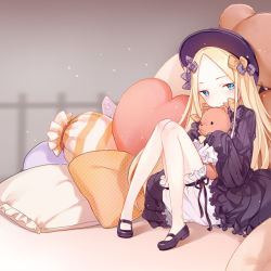 Rule 34 | 1girl, abigail williams (fate), black bow, black dress, black footwear, black hat, blonde hair, bloomers, blue eyes, blush, bow, bug, butterfly, closed mouth, commentary request, dress, fate/grand order, fate (series), forehead, hair bow, hands in opposite sleeves, hat, heart, heart-shaped pillow, hugging object, insect, knees together feet apart, kotoba (610430468), long hair, long sleeves, looking at viewer, mary janes, orange bow, parted bangs, pigeon-toed, pillow, polka dot, polka dot bow, shoes, sitting, solo, stuffed animal, stuffed toy, teddy bear, underwear, very long hair, white bloomers