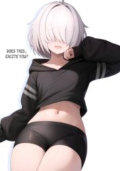 Rule 34 | 1girl, absurdres, ahoge, arc 9 (mikoscrub), bike shorts, black hoodie, black shorts, collarbone, covered eyes, english text, grey hair, hair over eyes, highres, hood, hood down, hoodie, midriff, mikoscrub, navel, open mouth, original, short hair, shorts, simple background, sleeves past wrists, solo, white background