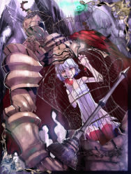 Rule 34 | apple, armor, cage, chain, dress, dutch angle, food, fruit, highres, jewelry, necklace, pixiv fantasia, pixiv fantasia new world, red eyes, short hair, solo, stregoicavar, thighhighs, white hair, zettai ryouiki