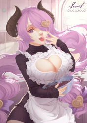 Rule 34 | 1girl, absurdres, apron, breasts, chocolate, cleavage cutout, clothing cutout, granblue fantasy, hair ornament, heart, heart hair ornament, highres, horns, long hair, maid, narmaya (granblue fantasy), narmaya (valentine) (granblue fantasy), oakproud, pointy ears, purple eyes, purple hair, signature, tongue, tongue out