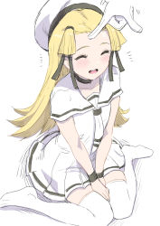 Rule 34 | 1girl, between legs, blonde hair, blue oath, blush, closed eyes, dress, gloves, hair ribbon, hand between legs, hat, helena (blue oath), highres, long hair, open mouth, out of frame, ribbon, sailor collar, short sleeves, simple background, sitting, thighhighs, white background, white dress, white headwear, white neckwear, white sailor collar, white thighhighs, whoosaku