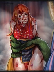 Rule 34 | 2girls, abuse, beaten, breasts, bruise, highres, injury, large breasts, multiple girls, nami (one piece), one piece, tagme, ulti (one piece)