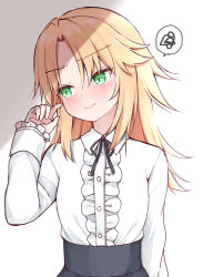 Rule 34 | 1girl, alternate costume, black skirt, blonde hair, blush, braid, breasts, center frills, closed mouth, collared shirt, dress shirt, fate/apocrypha, fate (series), french braid, frills, green eyes, hair ornament, hair scrunchie, highres, kamu (geeenius), long hair, long sleeves, looking to the side, mordred (fate), mordred (fate/apocrypha), parted bangs, scrunchie, shirt, simple background, skirt, small breasts, solo, spoken squiggle, squiggle, white background, white shirt