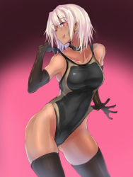Rule 34 | 1girl, bad id, bad pixiv id, black gloves, black one-piece swimsuit, black thighhighs, collar, competition swimsuit, covered navel, dark-skinned female, dark skin, earrings, elbow gloves, gloves, gluteal fold, gradient background, highleg, highleg swimsuit, jewelry, leaning, looking at viewer, naughty face, one-piece swimsuit, one eye closed, original, red eyes, short hair, silver hair, skin tight, solo, swimsuit, thighhighs, ulrich (tagaragakuin)