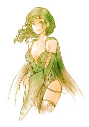 Rule 34 | 1girl, aged up, breasts, cape, closed mouth, detached sleeves, final fantasy, final fantasy iv, green eyes, green hair, hair ornament, jewelry, long hair, looking at viewer, moogie (shinjyu), rydia (ff4), signature, simple background, solo, thighhighs, white background