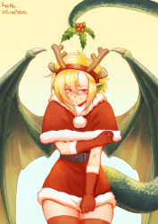 Rule 34 | 10s, 1girl, 2016, animal ears, antlers, blonde hair, blush, capelet, commentary, commission, cowboy shot, dated, deer ears, derivative work, draco (monster musume), dragon girl, dragon tail, dragon wings, eyebrows, fake animal ears, fake antlers, fur trim, gloves, hand on own arm, holding, holding with tail, holly, horns, lutherniel, mistletoe, monster girl, monster musume no iru nichijou, pointy ears, prehensile tail, purple eyes, red gloves, red thighhighs, reindeer antlers, santa costume, scales, shy, signature, skirt, skirt tug, solo, tail, thighhighs, wings, zettai ryouiki