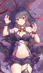 Rule 34 | 1girl, :p, arm strap, bare shoulders, bell, black bloomers, black bra, black hair, black ribbon, bloomers, blush, bra, breasts, chinese commentary, claw pose, cleavage, garter straps, gou lianlian dogface, hair ribbon, honkai (series), honkai impact 3rd, looking at viewer, medium breasts, multicolored hair, navel, neck bell, red eyes, red nails, ribbon, see-through, seele vollerei, sidelocks, single garter strap, solo, stomach, thighs, tongue, tongue out, two-tone hair, underwear, wristband