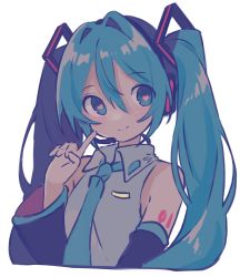 Rule 34 | 1girl, bare shoulders, black sleeves, blue eyes, blue hair, blue necktie, closed mouth, collared shirt, detached sleeves, dot nose, eyes visible through hair, finger to cheek, flat color, grey shirt, hair between eyes, hand up, hatsune miku, headset, heart, heart-shaped pupils, highres, index finger raised, long hair, muted color, necktie, number tattoo, paya (alunair), shirt, shoulder tattoo, sideways glance, simple background, sleeveless, sleeveless shirt, smile, solo, symbol-shaped pupils, tareme, tattoo, twintails, upper body, very long hair, vocaloid, white background, wide sleeves