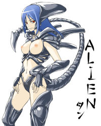 Rule 34 | 1girl, alien, alien (1979), alien (1979), alien (series), blue hair, breastless clothes, breasts, cosplay, costume, edo tatsuki, large breasts, long hair, looking at viewer, nipples, personification, red eyes, serious, solo, tail, thighhighs, xenomorph