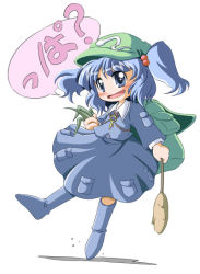 Rule 34 | 1girl, backpack, bag, blue dress, blue eyes, blue hair, blush, d.a, dress, female focus, flat cap, hair bobbles, hair ornament, hat, holding, kawashiro nitori, long sleeves, looking at viewer, matching hair/eyes, pocket, simple background, solo, touhou, two side up, white background