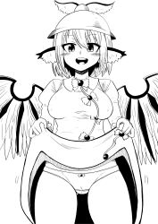 Rule 34 | 1girl, :d, absurdres, animal ears, blush, breasts, commentary request, cowboy shot, covered erect nipples, gluteal fold, greyscale, hat, highres, himajin noizu, juliet sleeves, lifting own clothes, long sleeves, looking at viewer, medium breasts, monochrome, mystia lorelei, open mouth, panties, puffy sleeves, short hair, simple background, smile, solo, touhou, underwear, white background, wings