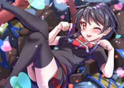 Rule 34 | 1girl, asymmetrical wings, black dress, black hair, black thighhighs, blue wings, blush, bow, bowtie, box, breasts, chocolate, closed mouth, commentary request, dress, feet out of frame, heart-shaped box, houjuu nue, looking at viewer, medium hair, one eye closed, pointy ears, red bow, red bowtie, red eyes, red wings, short dress, short sleeves, small breasts, smile, solo, thighhighs, tomoe (symbol), tongue, tongue out, touhou, valentine, wings, yakkyokuya