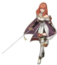Rule 34 | 1girl, 3d, arm guards, armor, bare shoulders, black thighhighs, breastplate, cape, celica (fire emblem), detached collar, earrings, fingerless gloves, fire emblem, fire emblem echoes: shadows of valentia, fire emblem warriors, full body, gloves, hair ornament, highres, holding, holding sword, holding weapon, jewelry, nintendo, official art, red armor, red eyes, red hair, skirt, solo, sword, thighhighs, tiara, transparent background, weapon, white armor, zettai ryouiki