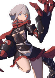 Rule 34 | 1girl, absurdres, admiral graf spee (azur lane), azur lane, black dress, blunt bangs, breasts, commentary request, cowboy shot, cross, dress, duan zhu, expressionless, highres, iron cross, mechanical hands, medium breasts, multicolored hair, red scarf, scarf, sidelocks, simple background, solo, standing, standing on one leg, streaked hair, underboob, white background, white hair