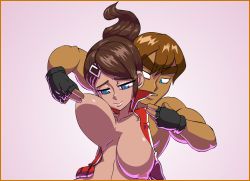 Rule 34 | 1boy, 1girl, 20s, animated, animated gif, asahina aoi, black gloves, blue eyes, border, bouncing breasts, breast lift, breasts, brown hair, danganronpa: trigger happy havoc, danganronpa (series), dark skin, fingerless gloves, gloves, grabbing, grabbing from behind, hair ornament, hairclip, hetero, high collar, jacket, jiggle, large breasts, long sleeves, looping animation, motion blur, nevarky, nipple pull, nipple stimulation, nipples, nude, open clothes, open jacket, pink background, ponytail, pulling, red jacket, short hair, simple background, smile, spike chunsoft, standing, topless, track jacket, unworn clothes, wince
