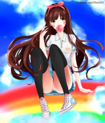 Rule 34 | 1girl, animal print, arm at side, arm support, ass, black thighhighs, blue skirt, blue sky, breasts, brown eyes, brown hair, blowing bubbles, buttons, chewing gum, chu (huaha1320), cloud, cloudy sky, converse, cross-laced footwear, d.va (overwatch), day, emblem, eyebrows, eyelashes, facial mark, facial tattoo, hair ribbon, hairband, hand in own hair, hand up, knees up, logo, long hair, looking to the side, overwatch, overwatch 1, panties, pantyshot, pleated skirt, rabbit print, rainbow, ribbon, shirt, shoes, short sleeves, sitting, skirt, sky, small breasts, sneakers, solo, tattoo, thighhighs, unbuttoned, underwear, watermark, web address, whisker markings, white panties, white shirt