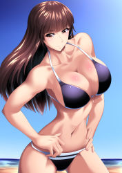 Rule 34 | 1girl, absurdres, beach, bikini, blue bikini, blue sky, blunt bangs, breasts, brown eyes, brown hair, clear sky, cleavage, closed mouth, commentary request, cowboy shot, girls und panzer, half-closed eyes, halterneck, hands on own hips, highres, horizon, large breasts, long hair, looking at viewer, mature female, miraino tsubasa, navel, nishizumi shiho, ocean, partial commentary, sky, smile, solo, standing, straight hair, swimsuit, wind