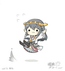 Rule 34 | 10s, 1girl, :3, arms up, bad id, bad pixiv id, black hair, boots, bow, chibi, flying sweatdrops, hair ornament, hairclip, haruna (kancolle), headgear, highres, kantai collection, legs up, long hair, nontraditional miko, ribbon-trimmed sleeves, ribbon trim, shadow, simple background, skirt, solid circle eyes, solo, thigh boots, thighhighs, white background, wide sleeves, yuasan