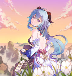 Rule 34 | 1girl, :o, backless outfit, bare shoulders, bell, blue hair, blush, bow, breasts, cloud, cloudy sky, cowbell, detached sleeves, flower, ganyu (genshin impact), genshin impact, goat horns, grass, hair bow, highres, horns, kinodesu-0815, long hair, long sleeves, looking at viewer, medium breasts, mountain, open mouth, purple eyes, sideboob, sitting, sky, solo, sunset