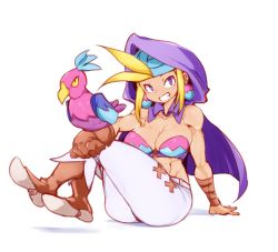 Rule 34 | 1girl, antenna hair, bare shoulders, bikini, bikini top only, bird, blonde hair, boots, breasts, cape, cleavage, earrings, grin, hands on own hips, hanzo (2929), headband, hood, hooded cape, jewelry, large breasts, looking at viewer, midriff, navel, pants, purple eyes, shantae (series), sitting, sky (shantae), smile, solo, swimsuit, toned, wrist wrap