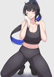 Rule 34 | 1girl, ;p, asymmetrical horns, black hair, black pants, black sports bra, blue hair, breasts, colored inner hair, crop top, demon horns, floating hair, gluteal fold, high ponytail, hololive, hololive english, horns, large breasts, long hair, midriff, mole, mole under eye, multicolored hair, navel, nerissa ravencroft, one eye closed, pants, red eyes, solo, sports bra, squatting, stomach, sweat, tongue, tongue out, two-tone hair, very long hair, virtual youtuber, yoga pants, zeropen