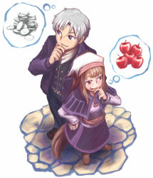 Rule 34 | 00s, 1boy, 1girl, animal ears, apple, blue eyes, brown hair, craft lawrence, food, fruit, grey hair, hand on own chin, head scarf, height difference, holo, long hair, red eyes, spice and wolf, spoken food, spoken object, tail, tanigawa hiroshi, thought bubble, wolf ears, wolf tail