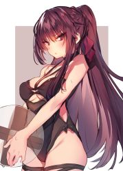 Rule 34 | 1girl, ball, bare shoulders, beachball, black one-piece swimsuit, braid, breasts, casual one-piece swimsuit, cleavage, cowboy shot, girls&#039; frontline, hair between eyes, hair ribbon, halterneck, highres, large breasts, long hair, looking at viewer, official alternate costume, one-piece swimsuit, outside border, parted lips, ponytail, purple hair, red eyes, ribbon, simple background, single sidelock, solo, soukou makura, swimsuit, thigh strap, tsurime, very long hair, wa2000 (girls&#039; frontline), wa2000 (op. manta ray) (girls&#039; frontline), wet