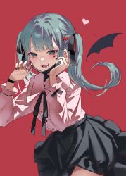 Rule 34 | 1girl, aqua eyes, aqua hair, black nails, black ribbon, black skirt, black wristband, blunt bangs, commentary request, cowboy shot, ear piercing, facial mark, fangs, hair ornament, hands up, hatsune miku, heart, heart facial mark, heart hair ornament, highres, jewelry, jirai kei, long sleeves, murumuru (pixiv51689952), open mouth, piercing, pink shirt, red background, ribbon, ring, shirt, shirt tucked in, simple background, skirt, smile, solo, twintails, vampire (vocaloid), vocaloid