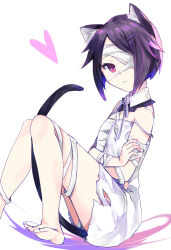 Rule 34 | 1girl, animal ear fluff, animal ears, ar tonelico, ar tonelico iii, bandage over one eye, bandages, barefoot, black hair, cat ears, cat girl, cat tail, closed mouth, feet, filament (ar tonelico), hair ornament, hairclip, highres, looking at viewer, short hair, simple background, solo, tail, torn clothes, white background, yurara (aroma42enola)