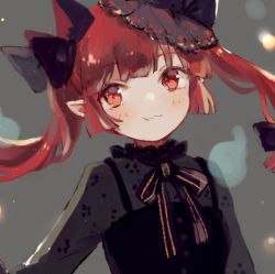 Rule 34 | 1girl, :3, alternate costume, alternate hairstyle, alternate headwear, animal ears, black hat, blush, bow, cat ears, extra ears, fang, frills, grey background, hat, highres, hitodama, kaenbyou rin, lace, long hair, nig 18, pointy ears, red eyes, red hair, simple background, smile, solo, sparkle, touhou, twintails