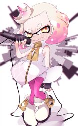 Rule 34 | 1girl, absurdres, bare shoulders, black gloves, blurry, blurry background, closed mouth, commentary, crown, dress, english commentary, fingerless gloves, gloves, gradient hair, highres, inkling, looking at viewer, microphone, mole, mole under mouth, multicolored hair, nintendo, omnivore-kun (pixiv92911323), pantyhose, pearl (splatoon), pink hair, pink pantyhose, shoes, short hair, sleeveless, sleeveless dress, solo, splatoon (series), splatoon 2, star-shaped pupils, star (symbol), symbol-shaped pupils, two-tone hair, white background, white dress, white footwear, white hair, wire, yellow eyes, zipper, zipper pull tab