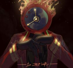 Rule 34 | 1other, black gloves, black shirt, black skirt, clock, coat, countdown, dante (limbus company), facing viewer, fire, gloves, highres, light particles, limbus company, lk0 71604, necktie, project moon, red coat, red necktie, shirt, skirt, upper body
