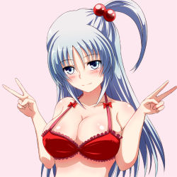 Rule 34 | 1girl, asymmetrical hair, blue eyes, blush, bra, breasts, cleavage, double v, hair bobbles, hair ornament, inoshira, large breasts, long hair, shinki (touhou), side ponytail, silver hair, smile, solo, touhou, touhou (pc-98), underwear, v