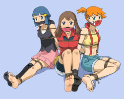 Rule 34 | 3girls, angry, arms behind back, bare shoulders, barefoot, bdsm, belly, blue eyes, blue hair, bound, bound arms, brown hair, cloth gag, collarbone, creatures (company), dawn (pokemon), denim, denim shorts, gag, gagged, game freak, hair ornament, hairclip, improvised gag, looking at viewer, lost one zero, may (pokemon), midriff, miniskirt, misty (pokemon), multiple girls, navel, nintendo, open collar, orange hair, over the mouth gag, over the nose gag, pokemon, pokemon (anime), pokemon (classic anime), pokemon dppt (anime), pokemon rse (anime), rope, shorts, sitting, skirt, socks, unworn socks, suspenders, sweat, v-neck