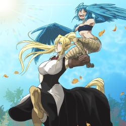 Rule 34 | 2girls, ahoge, animal ears, bird legs, blonde hair, blue eyes, blue hair, blue wings, breasts, centaur, centorea shianus, covered erect nipples, falconry, falconry glove, feathered wings, feathers, harpy, high ponytail, highres, horse ears, horse tail, large breasts, falling leaves, long hair, monster girl, monster musume no iru nichijou, multiple girls, navel, nm enji, open mouth, outdoors, papi (monster musume), pointy ears, ponytail, shorts, small breasts, tail, talons, taur, winged arms, wings, yellow eyes
