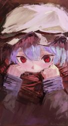 Rule 34 | 1girl, absurdres, commentary, covered mouth, dated, dated commentary, hair between eyes, hands up, hat, highres, holding, holding clothes, holding scarf, looking at viewer, mob cap, nepperoni, portrait, purple hair, red eyes, remilia scarlet, scarf, scarf over mouth, sketch, solo, straight-on, touhou, white hat