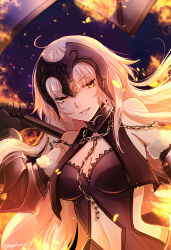 Rule 34 | &gt;:d, 1girl, :d, ahoge, bare shoulders, blonde hair, breasts, chain, cleavage, fate/grand order, fate (series), fire, flag, gauntlets, headpiece, jeanne d&#039;arc (fate), jeanne d&#039;arc alter (avenger) (fate), jeanne d&#039;arc alter (avenger) (third ascension) (fate), jeanne d&#039;arc alter (fate), long hair, looking at viewer, medium breasts, navel, omizu (omz), open mouth, parted lips, smile, solo, tsurime, twitter username, upper body, v-shaped eyebrows, yellow eyes