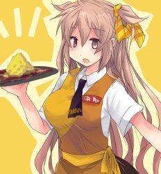 Rule 34 | 1girl, alternate costume, apron, blonde hair, brown necktie, collared shirt, commentary request, hair between eyes, hair flaps, hair ribbon, heterochromia, highres, hirune (konekonelkk), holding, holding plate, kantai collection, long hair, looking at viewer, murasame (kancolle), name tag, necktie, notice lines, open mouth, orange eyes, plate, red eyes, ribbon, rice, shirt, short sleeves, simple background, solo, upper body, very long hair, white shirt, yellow apron, yellow background