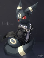 Rule 34 | black coat, black fur, buttons, character name, closed mouth, clothed pokemon, coat, creature, creatures (company), dated, full body, game freak, gen 2 pokemon, glowing, glowing eyes, highres, ivan (ffxazq), looking at viewer, nintendo, no humans, pokemon, pokemon (creature), red eyes, signature, smile, umbreon, zipper pull tab