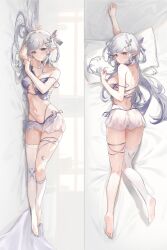 Rule 34 | 1girl, absurdres, adjusting bra, adjusting clothes, arm up, barefoot, bow, bra, braid, breasts, butterfly hair ornament, choker, cleavage, commentary request, copyright request, dakimakura (medium), earrings, feet, flower, full body, grey hair, hair bow, hair flower, hair ornament, hairclip, highres, jewelry, kneehighs, large breasts, light smile, long hair, looking at viewer, looking back, lying, multi-strapped panties, multiple views, on bed, on side, on stomach, outstretched arm, panties, pillow, pointy ears, purple bra, purple choker, purple eyes, purple hair, purple panties, side-tie panties, sideboob, sidelocks, single barefoot, single kneehigh, single sock, single thighhigh, socks, soles, strap slip, string panties, thigh strap, thighhighs, thong, toes, underwear, watermark, white socks, white thighhighs, zombie ke
