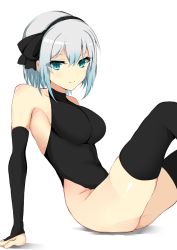 Rule 34 | 1girl, alternate costume, arm support, ass, bare shoulders, black hairband, black ribbon, black thighhighs, breasts, feet out of frame, hair between eyes, hair ribbon, hairband, heattech leotard, konpaku youmu, large breasts, light smile, looking at viewer, ribbon, short hair, sitting, solo, suiu shinotsuku, thighhighs, thighs, touhou, turtleneck, white background