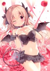 Rule 34 | 1girl, ;q, absurdres, black bow, black choker, black panties, black skirt, blonde hair, bow, breasts, choker, cleavage, closed mouth, cowboy shot, demon girl, demon tail, demon wings, dutch angle, floating hair, flower, hair between eyes, hair bow, heart, heart hands, highres, horns, long hair, looking at viewer, medium breasts, microskirt, midriff, miyasaka miyu, navel, one eye closed, original, panties, red eyes, red flower, red rose, rina (canvas+garden), rose, skirt, solo, standing, stomach, strapless, tail, tongue, tongue out, two side up, underwear, very long hair, wings