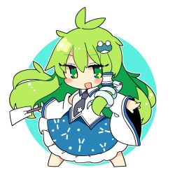 Rule 34 | 1girl, bare shoulders, barefoot, blue skirt, blush, detached sleeves, frog hair ornament, full body, gohei, green eyes, green hair, hair between eyes, hair ornament, hair tubes, highres, holding, holding gohei, ini (inunabe00), japanese clothes, kochiya sanae, long hair, nontraditional miko, open mouth, skirt, smile, snake hair ornament, solo, touhou, white sleeves, wide sleeves